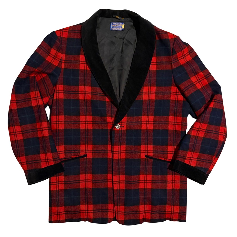 Vintage Pendleton Wool Smoking Jacket Blazer Red Black Plaid Velvet Shawl Collar